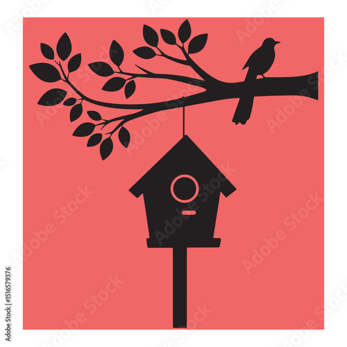 Silhouette illustration of a bird perched on a branch with a birdhouse on a vibrant background.