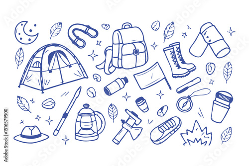 Hand-drawn camping and hiking doodle icons. tent, backpack, boots, map, compass, lantern, gear, and outdoor elements for adventure designs