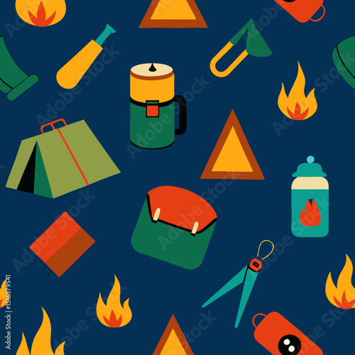 seamless camping gear pattern   tents  flashlights