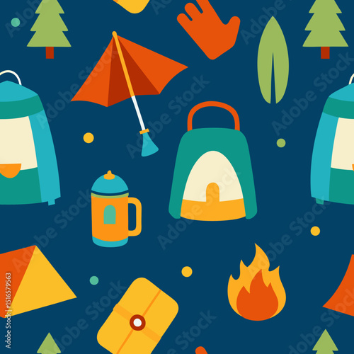 seamless camping gear pattern   tents  lanterns 