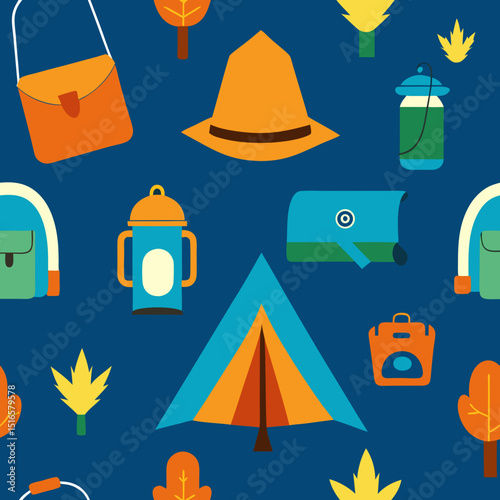 seamless camping gear pattern   tents  lanterns 