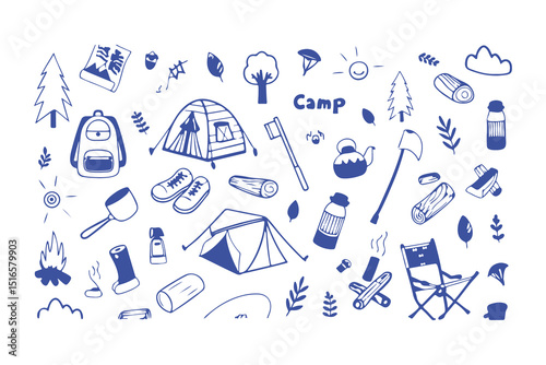 Hand-drawn camping and hiking doodle icons. tent, backpack, boots, map, compass, lantern, gear, and outdoor elements for adventure designs