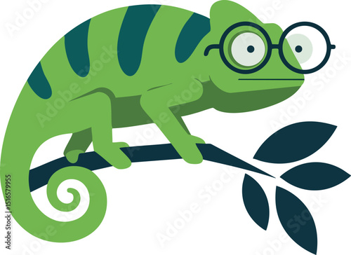 Green chameleon with glasses perched on branch vector illustration in flat style 