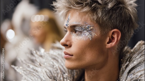 Energetic backstage drag performance featuring intricate colorful makeup and elaborate costumes