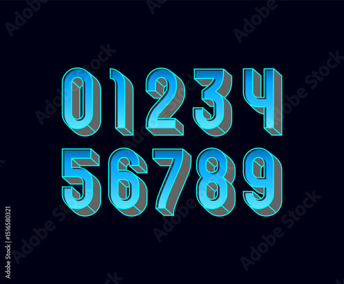 Blue numbers set made 3D style, numerals 0 to 9, vector illustration 10EPS