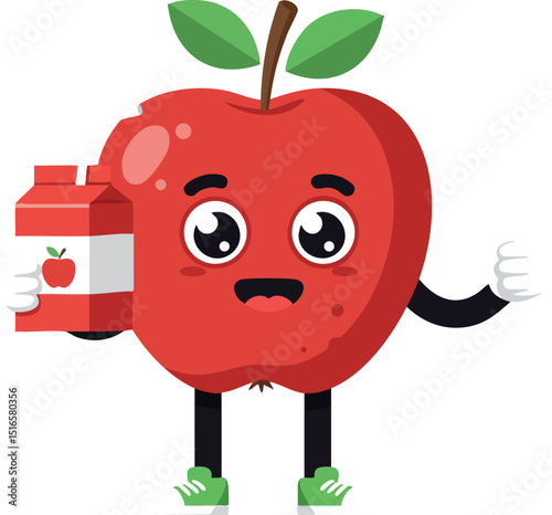 Red apple character holding apple juice carton with cute facial expression vector illustration 
