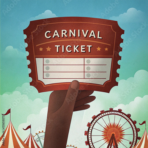 Hand holding carnival ticket against colorful fairground background  