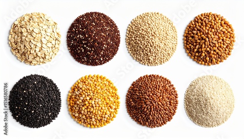 Collection of ancient grains and heritage crops isolated on white background with natural light and macro detail for health-focused food visuals