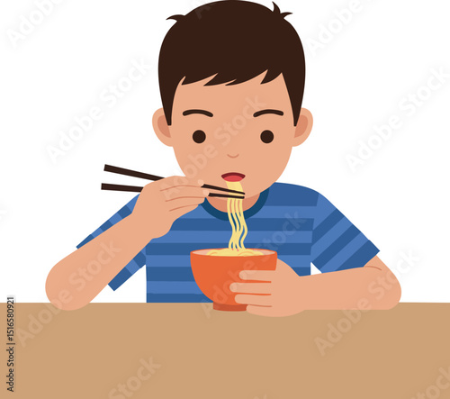 Boy eating noodles with chopsticks in blue striped shirt sitting at table vector illustration 