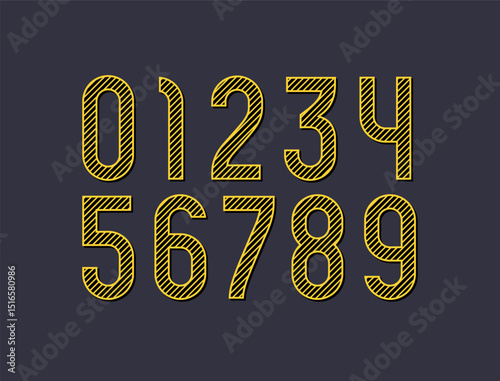 Striped numbers set in the industry style, hatched numerals 0 to 9 made in hatch line style, vector illustration 10EPS