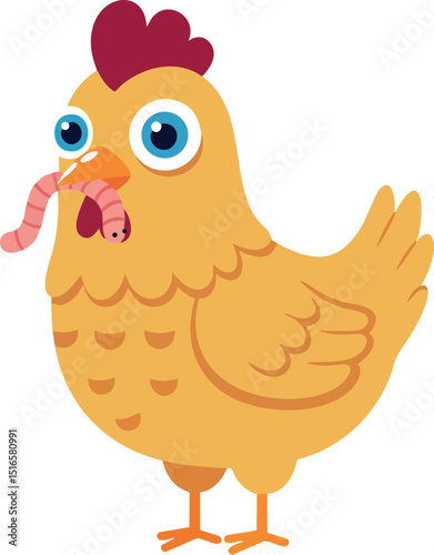 Chicken eating worm vector illustration with cartoon style and bright colors 