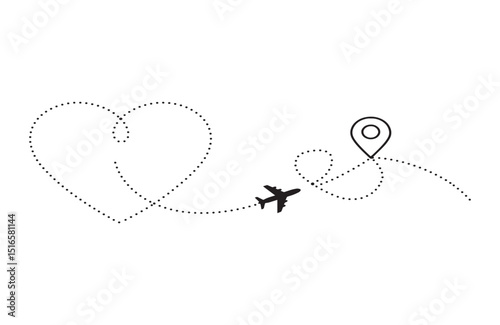 Romantic Travel Airplane Flight Path in Heart Shape - Vector Illustration