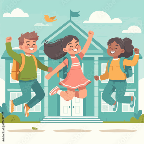 Flat vector of happy children jumping outside school building, pastel color palette