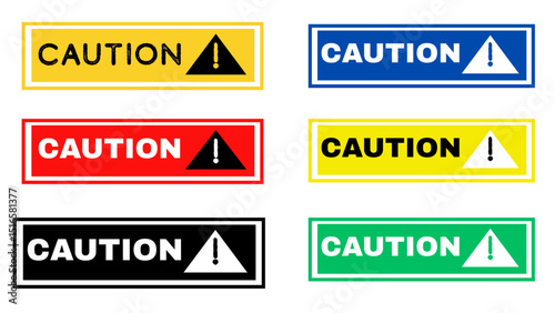 Caution Sign Labels with Warning Symbols for Safety Notice. Rectangular caution signs in various colors, including yellow, blue, red, black and green. Each sign features the word "CAUTION" and a trian