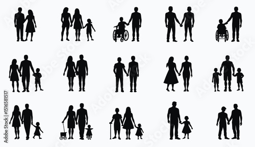 Diverse Family Silhouettes: Parents with Children, Same-Sex Couples, and Disability Representation.
