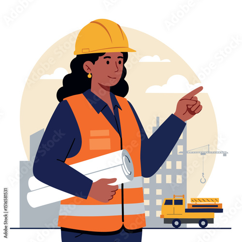 Female Construction Worker Wearing Safety Helmet and Vest Holding Blueprint Vector Illustration 