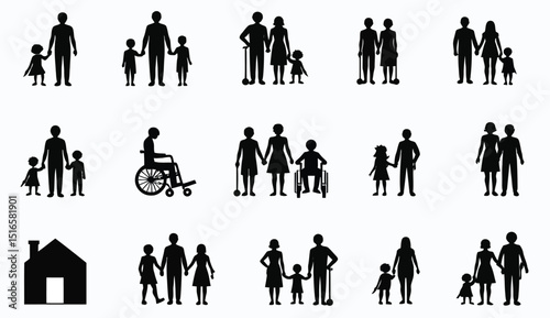Diverse family silhouettes depicting various family structures, disabilities, and intergenerational relationships on white background.