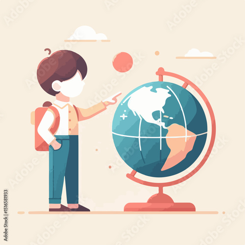 Minimalist flat vector of a child pointing at a globe, symbolizing world education