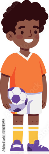 Boy holding soccer ball wearing orange jersey and white shorts smiling vector illustration 