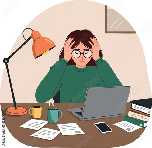Woman with glasses stressed at desk with laptop and paperwork illustration vector 