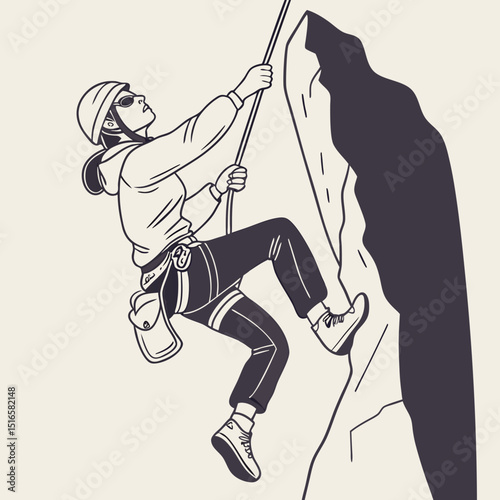 Female climber ascending rock face with safety gear  