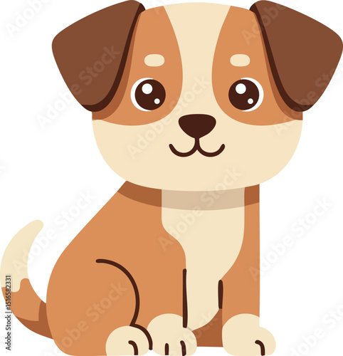 Cute brown and beige puppy dog sitting cartoon vector illustration with big eyes