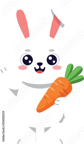 Cute white rabbit holding fresh orange carrot vector illustration with pink ears and cheeks 