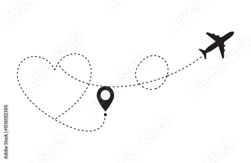 Romantic Getaway Airplane Flight Path in Heart Shape, Travel Illustration