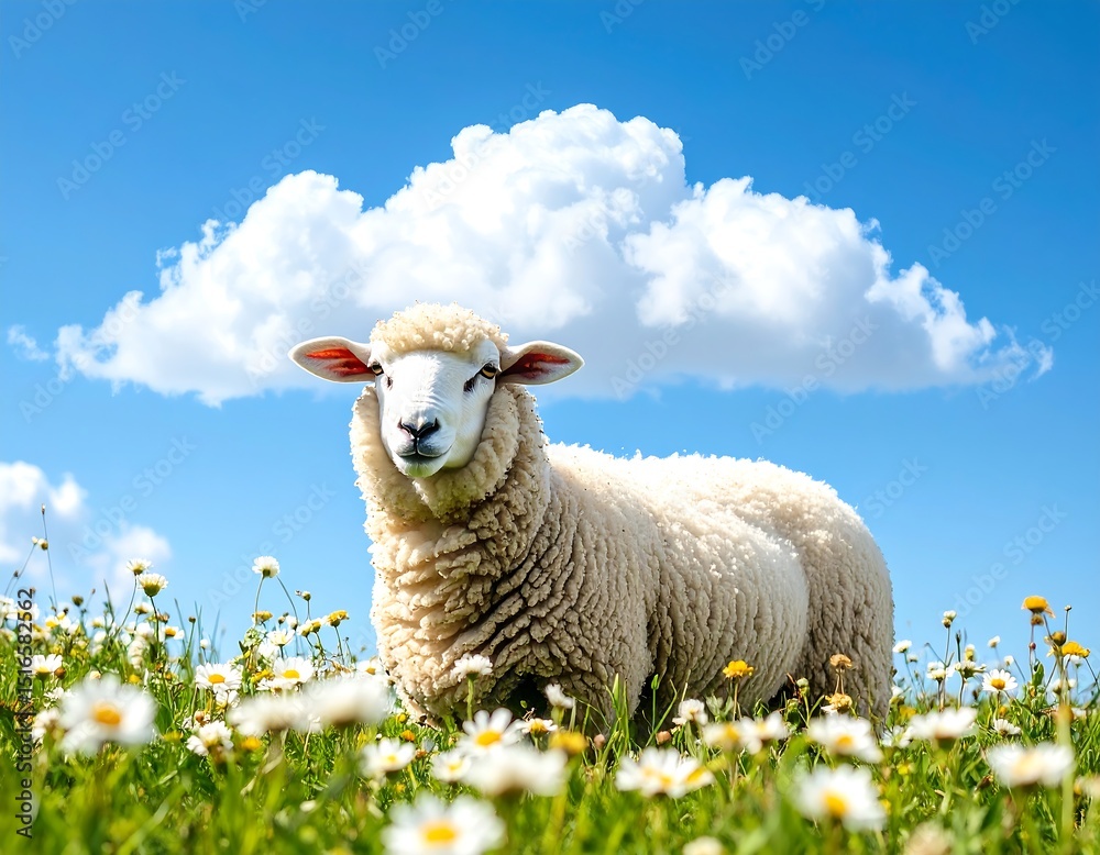 Obraz premium Sheep in a field of flowers under a blue sky