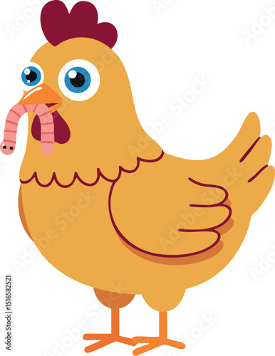 Chicken eating worm cartoon vector illustration with orange and red colors 