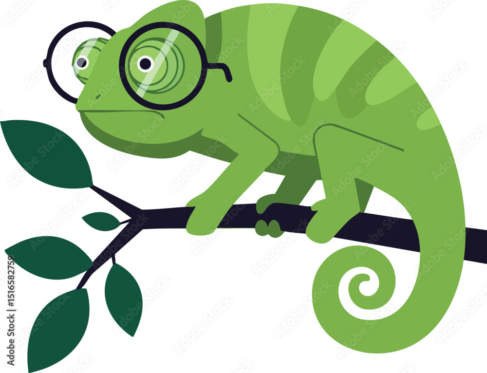 Fototapeta premium Green chameleon wearing glasses sitting on leafy branch vector illustration 