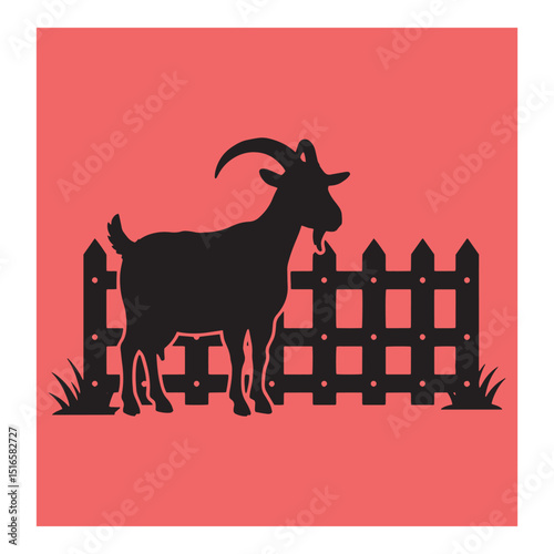 Silhouette of a black goat standing beside a wooden picket fence on a red background