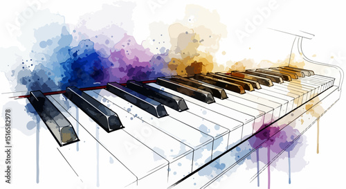 Watercolor-style image of white piano keys angled upward, with indigo and purple washes flowing over the instrument and background, creating a soft, fluid, and ethereal effect with visible brushstroke