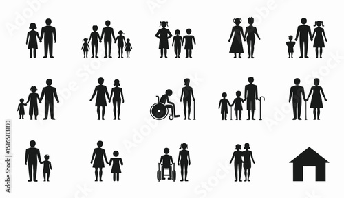 Diverse Family Icon Set: Stick Figures Depicting Varied Family Structures and Abilities.