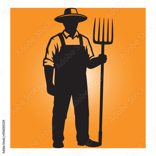 Silhouette of a farmer with pitchfork on an orange background vintage illustration