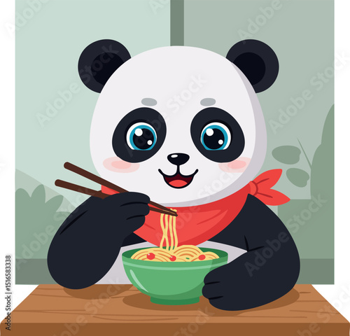 Cute panda eating noodles with chopsticks in red scarf vector illustration 