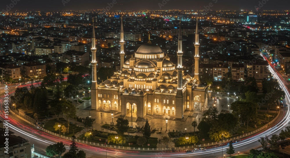 Fototapeta premium Night view of illuminated mosque amidst city lights, encircled by traffic trails