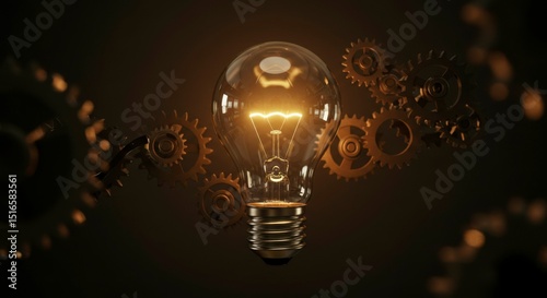 Illuminated lightbulb encircled by intricate gears, symbolizing innovation and ingenious mechanics
