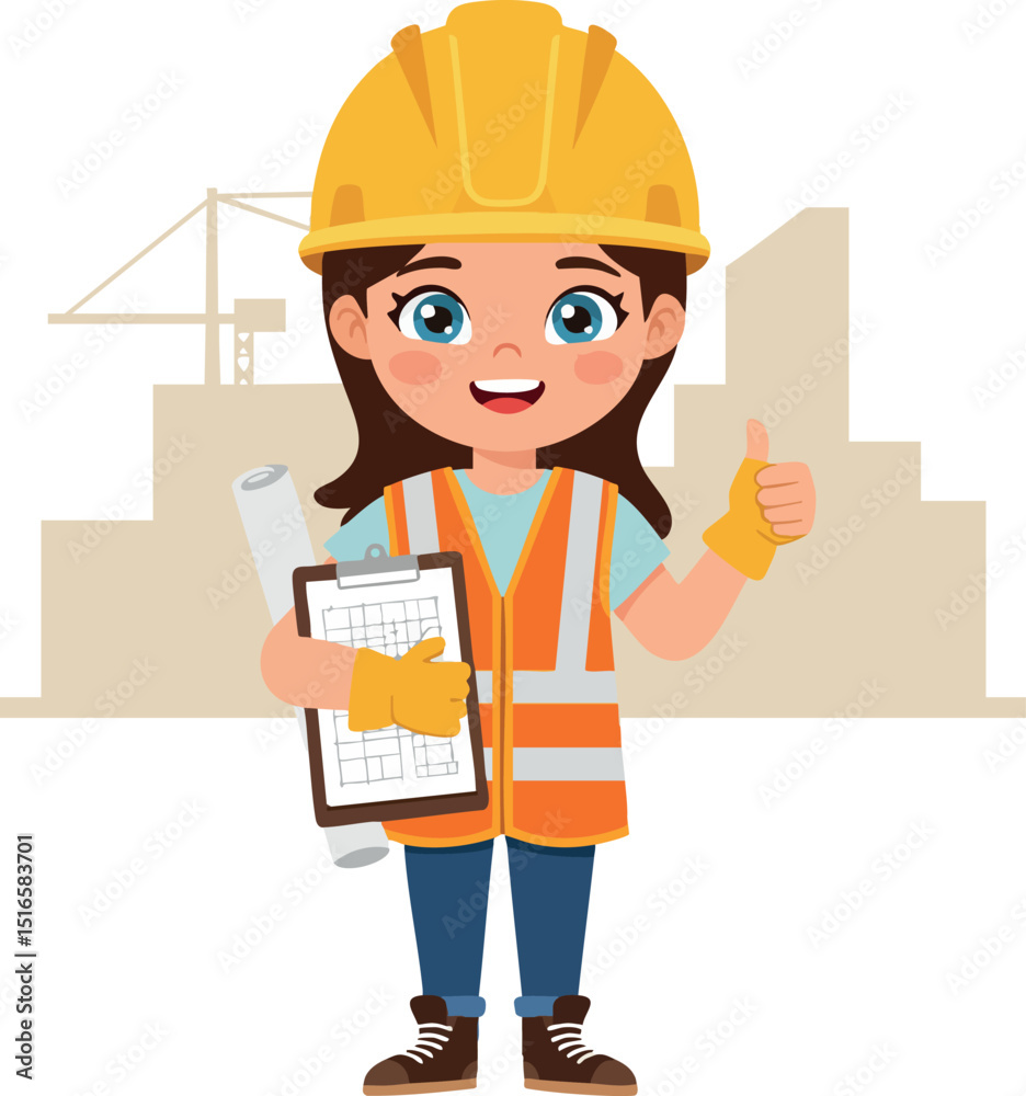 Female Construction Worker Wearing Safety Gear Holding Blueprint and Clipboard Vector Illustration Female Construction Worker Wearing Safety Gear Holding Blueprint and Clipboard Vector Illustration