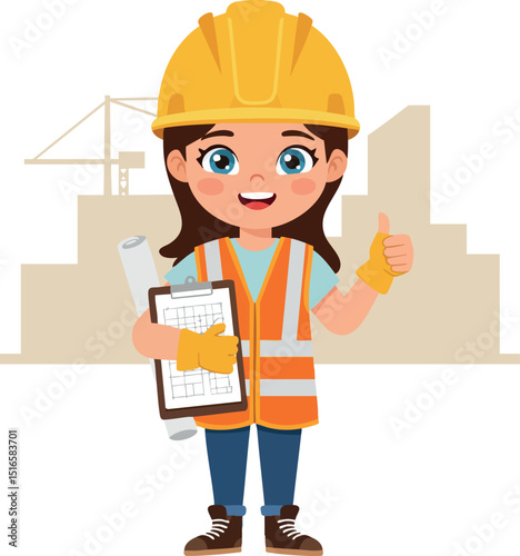 Female Construction Worker Wearing Safety Gear Holding Blueprint and Clipboard Vector Illustration 