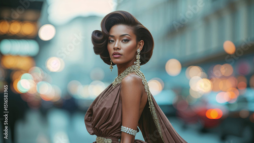 Beautiful woman in elegant dress poses on a blurred city street, looking stylish and chic.