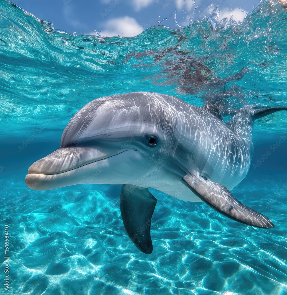 Fototapeta premium a dolphin swimming in the ocean, with a surf wave behind it, taken from an underwater view