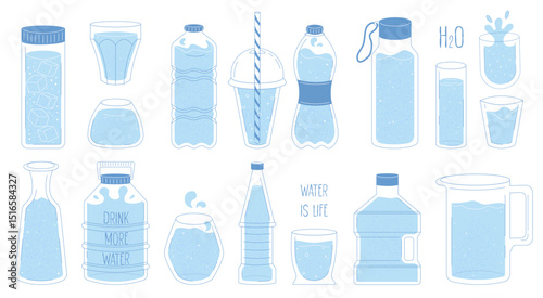 Collection of bottles, glasses, carafes, water jars in different shapes and styles. Set of plastic and glass containers for liquids in blue color. Flat contour style with textures