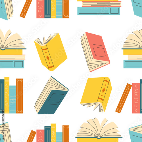  Seamless pattern with hand drawn different stacks and piles of books, open and closed books isolated on white background.