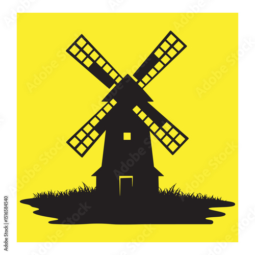 Silhouette of a traditional windmill against a bright yellow background for design