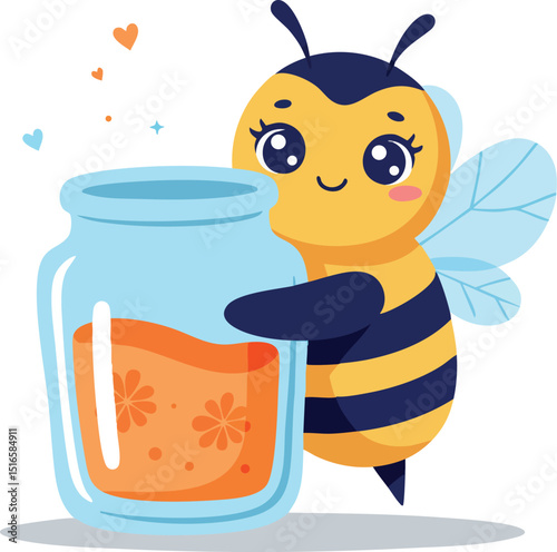 Cute bee holding jar of honey cartoon character vector illustration with blue and yellow colors 