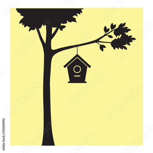 Silhouette of a tree with birdhouse hanging on a branch simple nature illustration