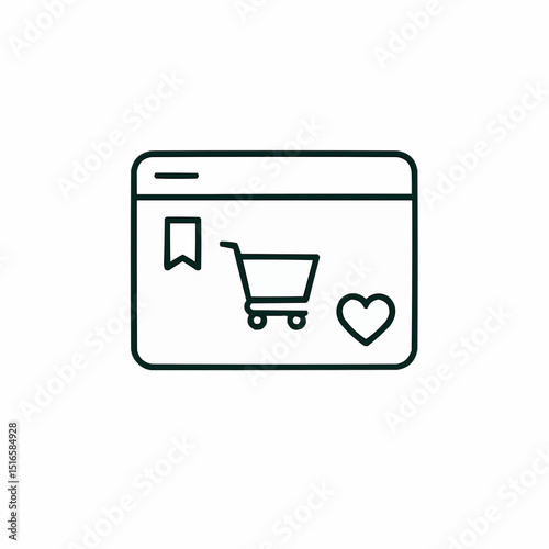 Outlined app window with bookmark, cart, and heart — multi-feature hub.