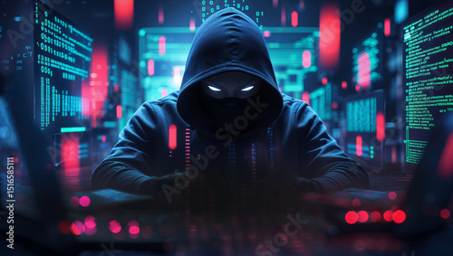 A mysterious figure in a hoodie is hacking and coding on the computer with bright eyes.