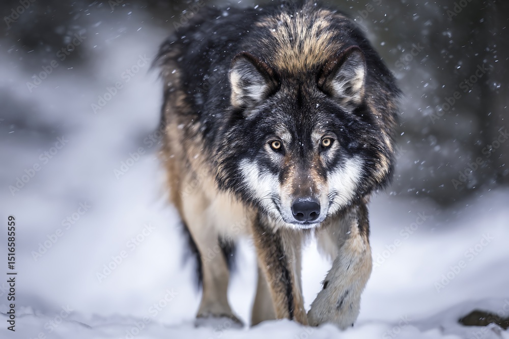 Fototapeta premium Wolf in snowy forest approaching forward
